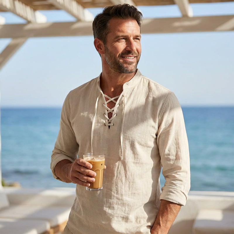 👔 50% OFF NOW! 💎 Men's Casual Solid Color Shirt – Lace-Up Neck, Modern Stand Collar & Breathable Cotton ✨