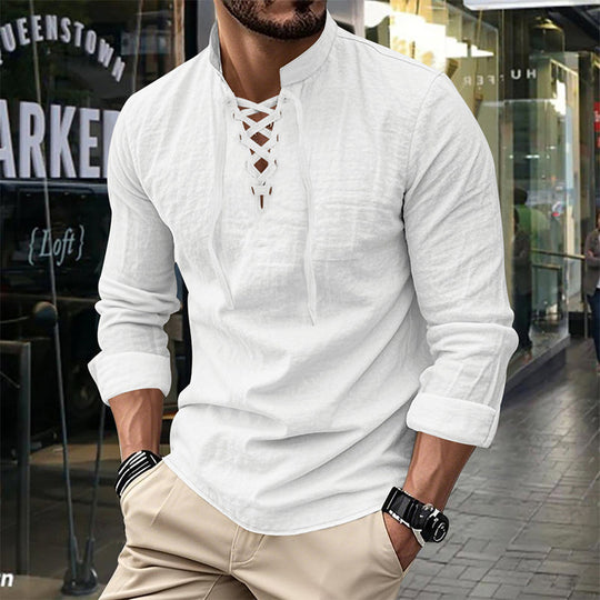 👔 50% OFF NOW! 💎 Men's Casual Solid Color Shirt – Lace-Up Neck, Modern Stand Collar & Breathable Cotton ✨