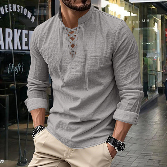 👔 50% OFF NOW! 💎 Men's Casual Solid Color Shirt – Lace-Up Neck, Modern Stand Collar & Breathable Cotton ✨