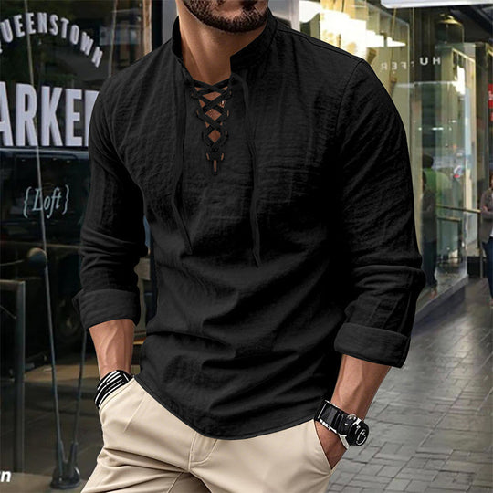 👔 50% OFF NOW! 💎 Men's Casual Solid Color Shirt – Lace-Up Neck, Modern Stand Collar & Breathable Cotton ✨