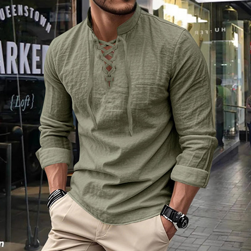 👔 50% OFF NOW! 💎 Men's Casual Solid Color Shirt – Lace-Up Neck, Modern Stand Collar & Breathable Cotton ✨