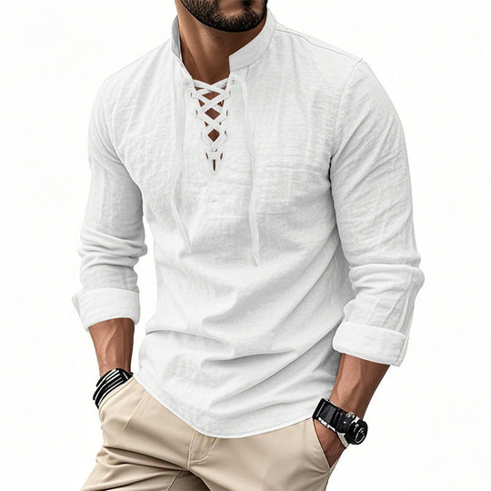 👔 50% OFF NOW! 💎 Men's Casual Solid Color Shirt – Lace-Up Neck, Modern Stand Collar & Breathable Cotton ✨