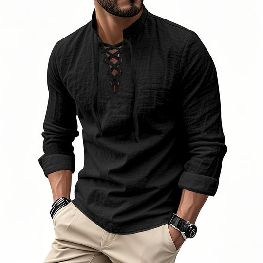 👔 50% OFF NOW! 💎 Men's Casual Solid Color Shirt – Lace-Up Neck, Modern Stand Collar & Breathable Cotton ✨