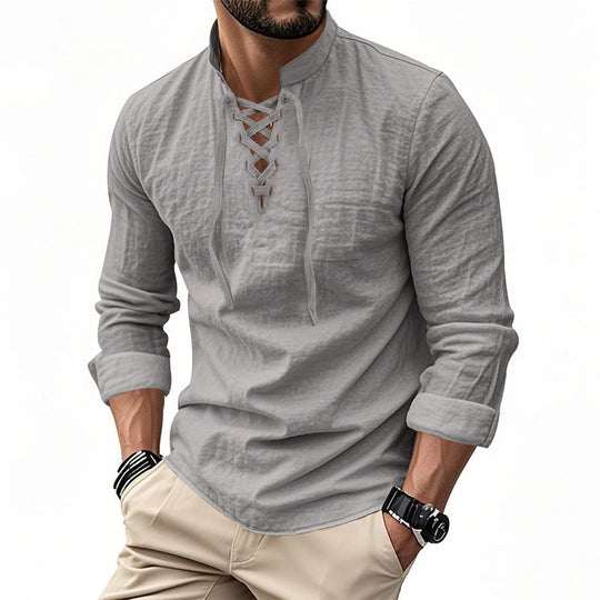 👔 50% OFF NOW! 💎 Men's Casual Solid Color Shirt – Lace-Up Neck, Modern Stand Collar & Breathable Cotton ✨