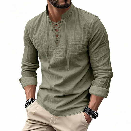 👔 50% OFF NOW! 💎 Men's Casual Solid Color Shirt – Lace-Up Neck, Modern Stand Collar & Breathable Cotton ✨