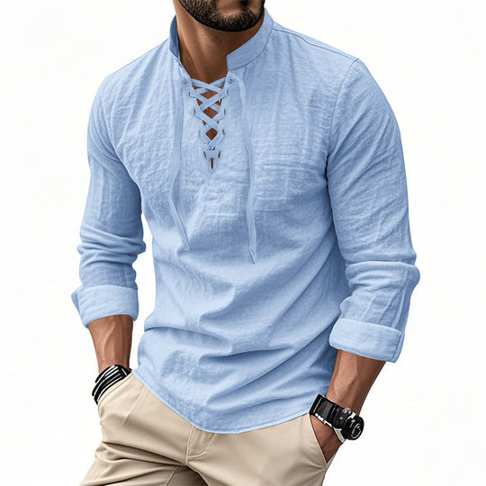 👔 50% OFF NOW! 💎 Men's Casual Solid Color Shirt – Lace-Up Neck, Modern Stand Collar & Breathable Cotton ✨