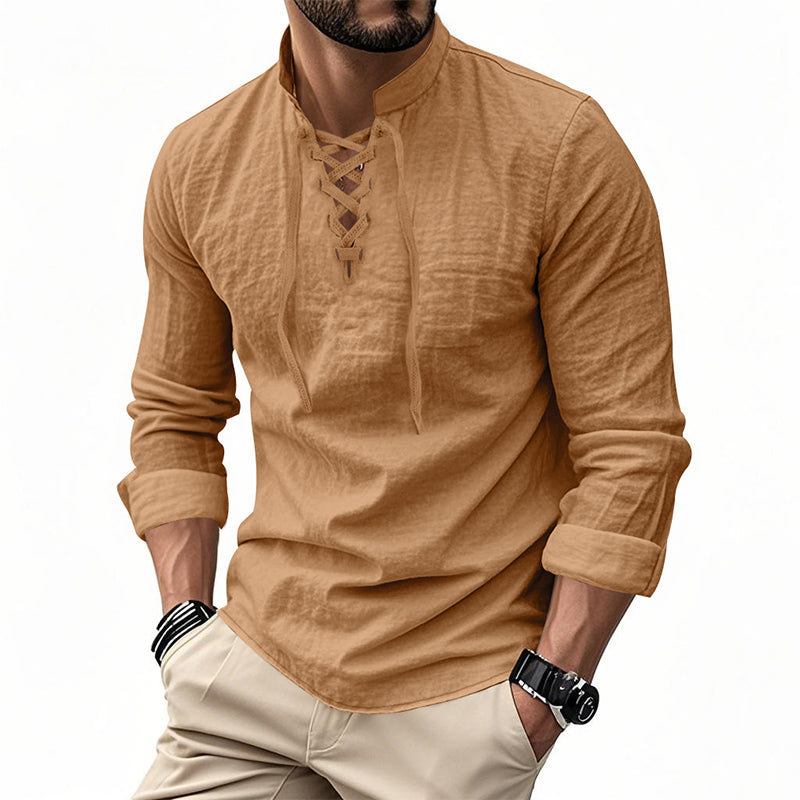 👔 50% OFF NOW! 💎 Men's Casual Solid Color Shirt – Lace-Up Neck, Modern Stand Collar & Breathable Cotton ✨