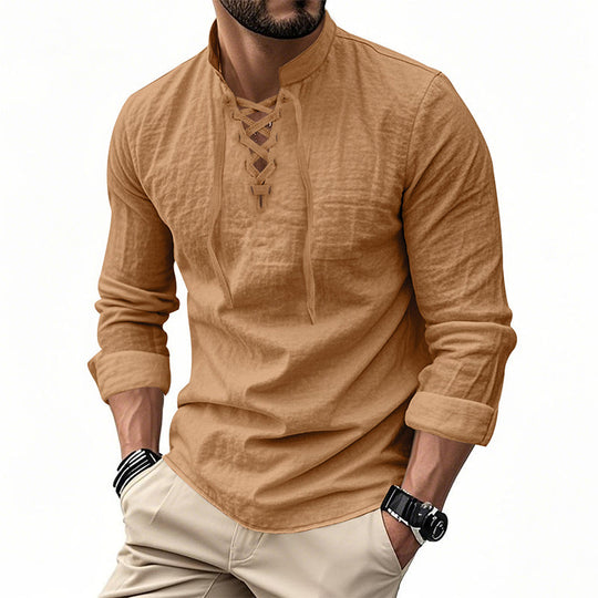 👔 50% OFF NOW! 💎 Men's Casual Solid Color Shirt – Lace-Up Neck, Modern Stand Collar & Breathable Cotton ✨