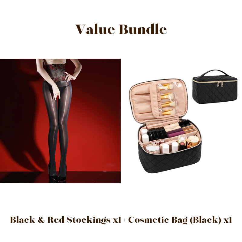 Value Bundle: 8D Oil-Sheen Rose Lace Stockings + Cosmetic Bag