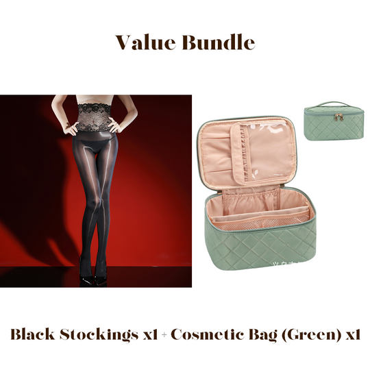 Value Bundle: 8D Oil-Sheen Rose Lace Stockings + Cosmetic Bag