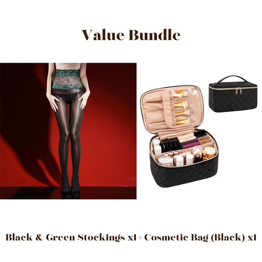 Value Bundle: 8D Oil-Sheen Rose Lace Stockings + Cosmetic Bag