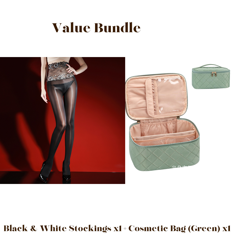 Value Bundle: 8D Oil-Sheen Rose Lace Stockings + Cosmetic Bag