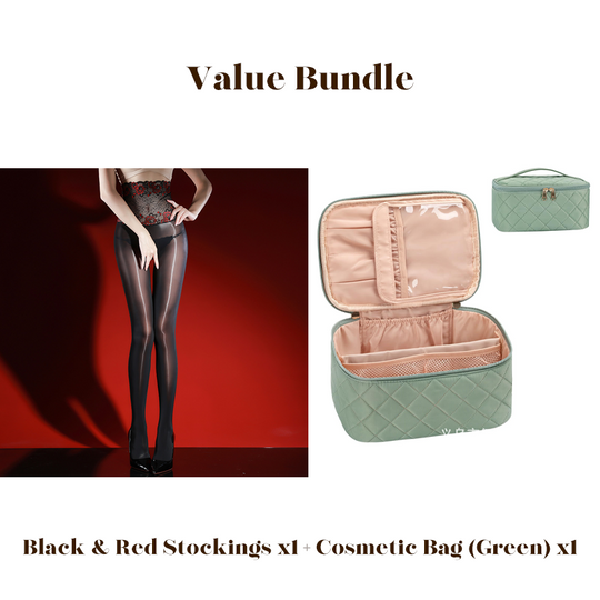 Value Bundle: 8D Oil-Sheen Rose Lace Stockings + Cosmetic Bag