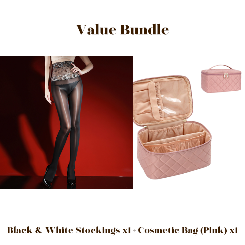 Value Bundle: 8D Oil-Sheen Rose Lace Stockings + Cosmetic Bag