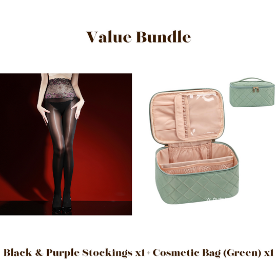 Value Bundle: 8D Oil-Sheen Rose Lace Stockings + Cosmetic Bag