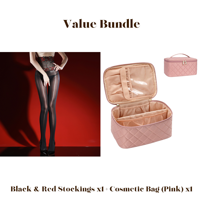 Value Bundle: 8D Oil-Sheen Rose Lace Stockings + Cosmetic Bag