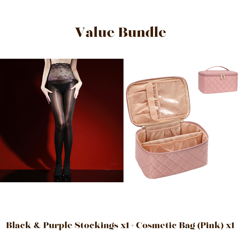 Value Bundle: 8D Oil-Sheen Rose Lace Stockings + Cosmetic Bag