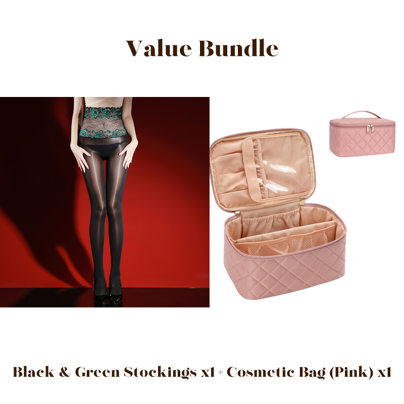 Value Bundle: 8D Oil-Sheen Rose Lace Stockings + Cosmetic Bag
