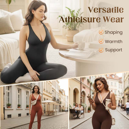 💞Plus de 50 000 unités vendues !🌸Combinaison moulante à col en V très extensible – Confort optimal pour vos activités sportives toute la journée &  Au-delà. Respirant, flexible &  Élégance naturelle. Votre allié idéal pour bouger. 🧘‍♀️💫