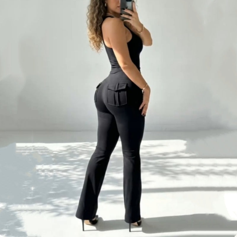 Pantalones acampanados elásticos de cintura alta con bolsillos