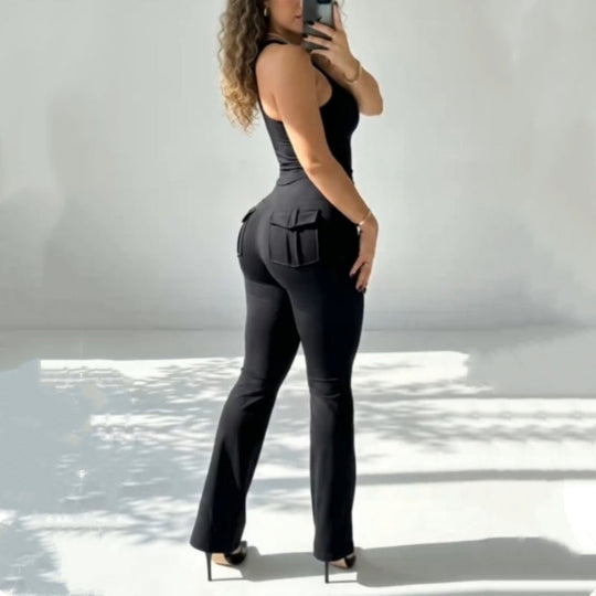 Pantalones acampanados elásticos de cintura alta con bolsillos