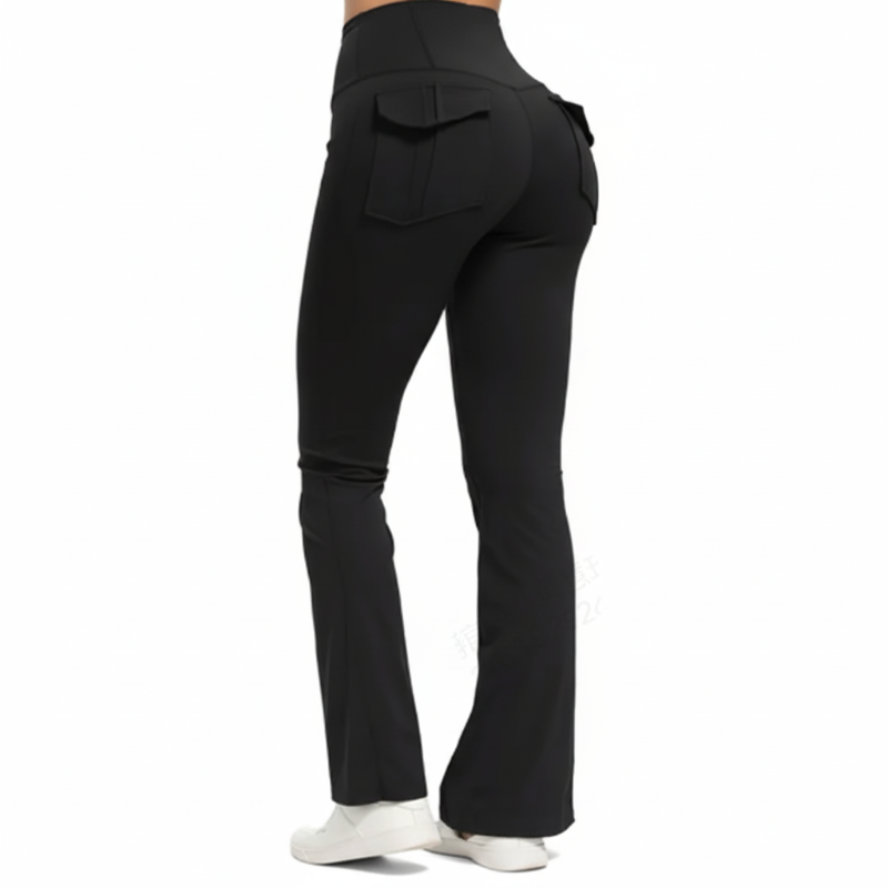 Pantalones acampanados elásticos de cintura alta con bolsillos