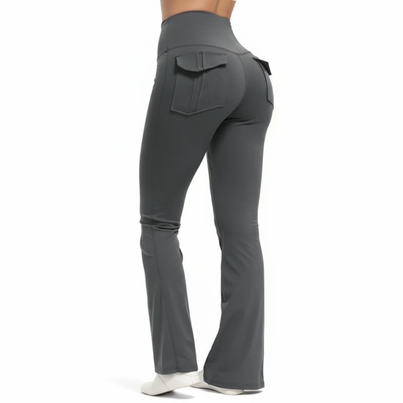 Pantalones acampanados elásticos de cintura alta con bolsillos