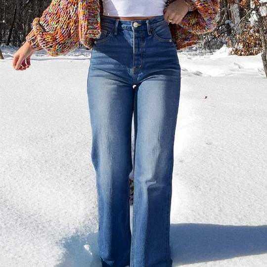 Jean extensible taille haute à jambe droite pour femme