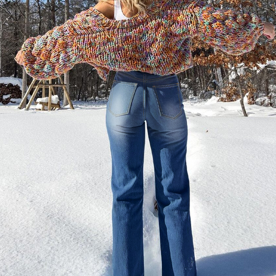 Jean extensible taille haute à jambe droite pour femme