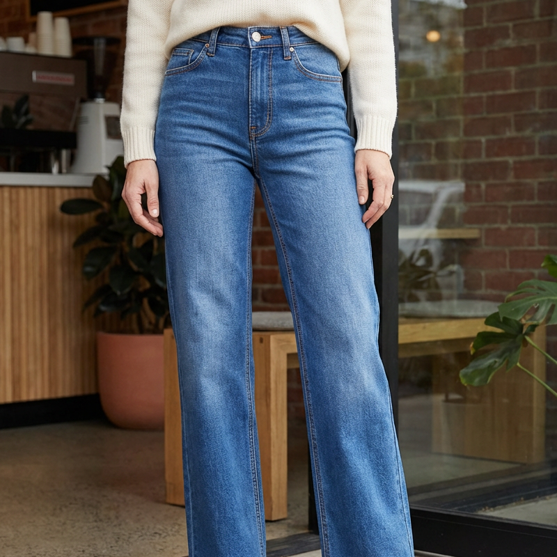 Jean extensible taille haute à jambe droite pour femme