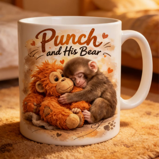 Taza de cerámica mono lindo "Punch y su oso"