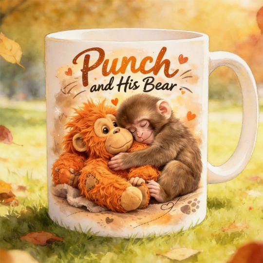 Taza de cerámica mono lindo "Punch y su oso"