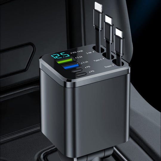 ⏳Limited-time 50% off⏰Fast Charging 7-in-1 Retractable Fast Car Charger with Voltage Display – USB-C For Android&Lighting For APPLE🔋📱