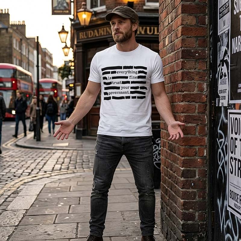 Camiseta satírica "Confía en tu gobierno"