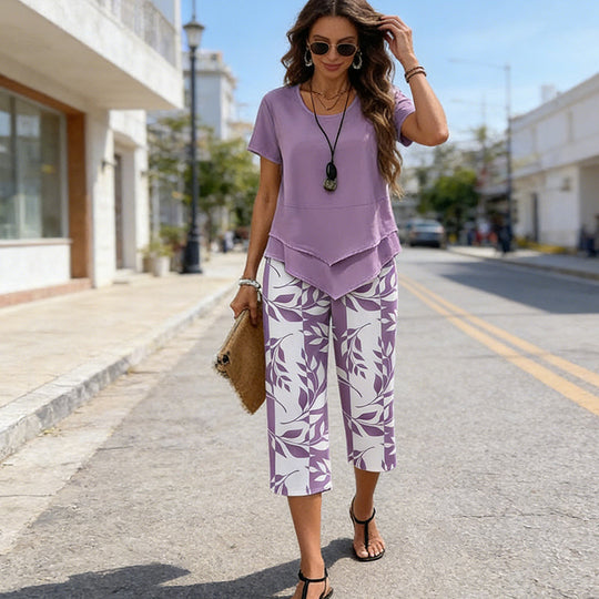💥Last Day Special Price👗Women's 2-Piece Set – Layered Asymmetrical Tunic Top & Printed Wide Leg Pants, Breathable Polyester✨