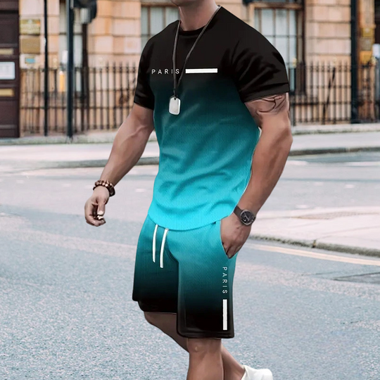 🌈👕 Men's Gradient Color 2-Piece Set – T-Shirt & Shorts, Breathable, Relaxed Fit 🩳