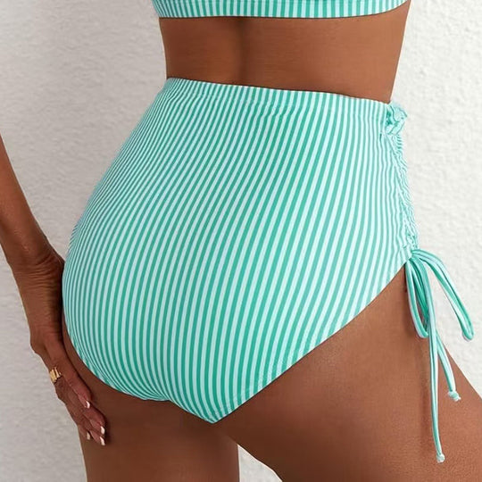 Striped Ruffle Trim High-Waisted Bikini Set