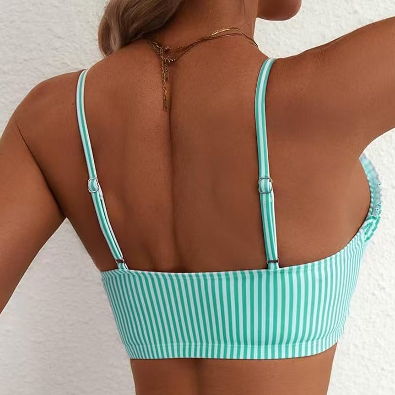 Striped Ruffle Trim High-Waisted Bikini Set