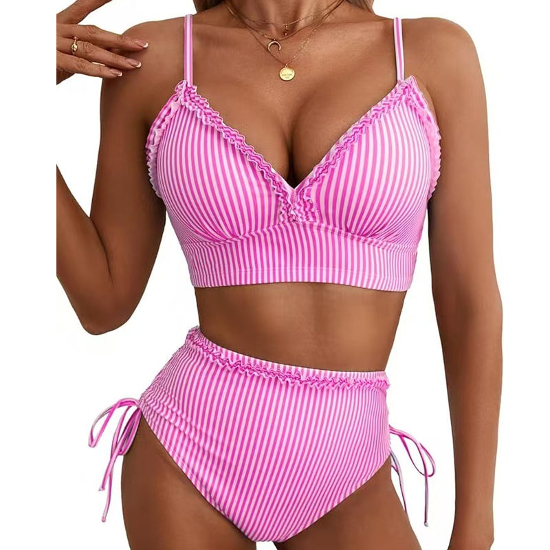 Striped Ruffle Trim High-Waisted Bikini Set