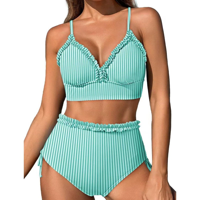 Striped Ruffle Trim High-Waisted Bikini Set