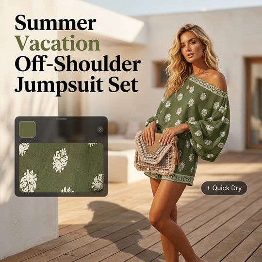 👒 LIMITED-TIME 50% OFF! ✨ Bohemian Off-Shoulder Jumpsuit – Printed, Elastic Waist, Side Pockets 🌺
