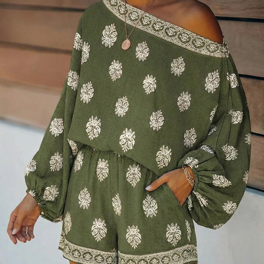 👒 LIMITED-TIME 50% OFF! ✨ Bohemian Off-Shoulder Jumpsuit – Printed, Elastic Waist, Side Pockets 🌺