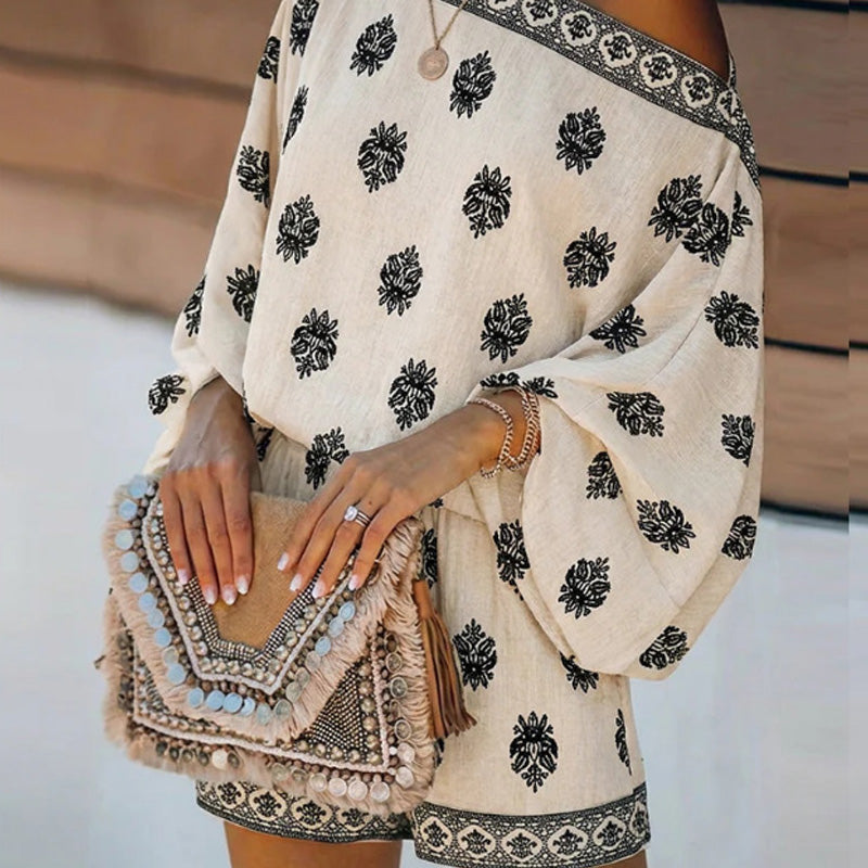 👒 LIMITED-TIME 50% OFF! ✨ Bohemian Off-Shoulder Jumpsuit – Printed, Elastic Waist, Side Pockets 🌺