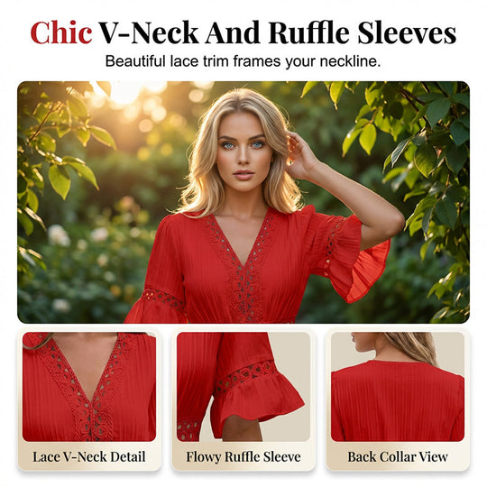 🌸Chic V-Neck Dress with Lace Cutout Details✨ Step Into Summer In Style