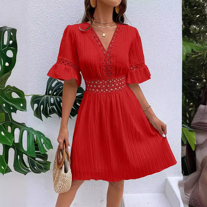 🌸Chic V-Neck Dress with Lace Cutout Details✨ Step Into Summer In Style