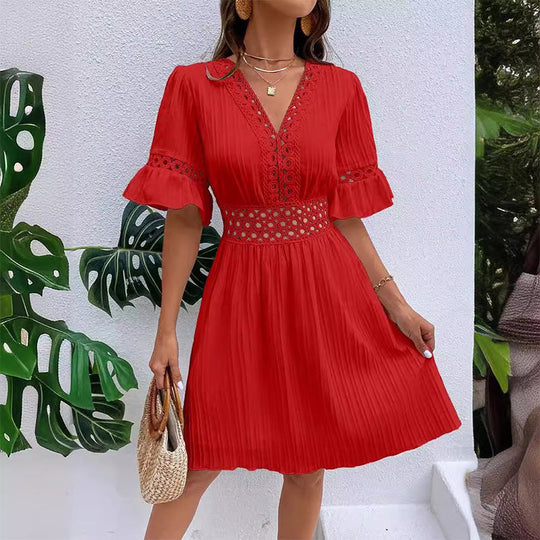 🌸Chic V-Neck Dress with Lace Cutout Details✨ Step Into Summer In Style