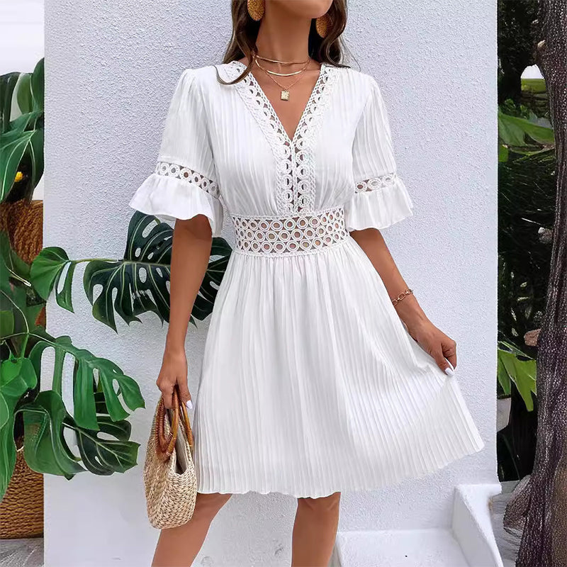 🌸Chic V-Neck Dress with Lace Cutout Details✨ Step Into Summer In Style