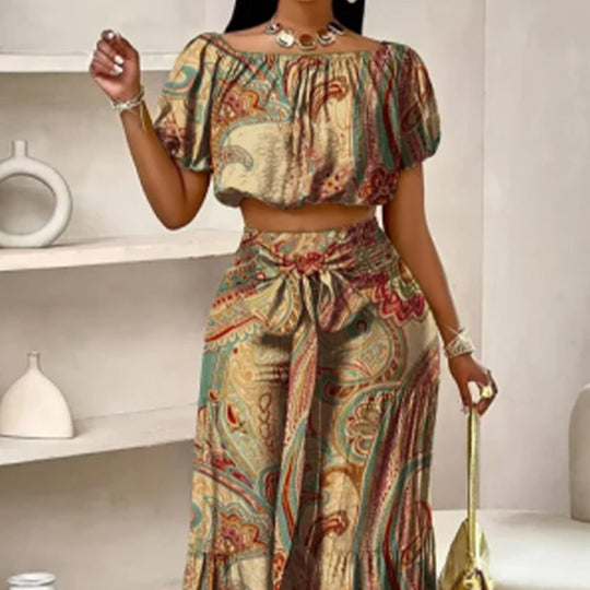 💐57% OFF ! Puff Sleeve Top – Off-Shoulder & Elastic Waist Pants 🎀🌸【Limited Offer】