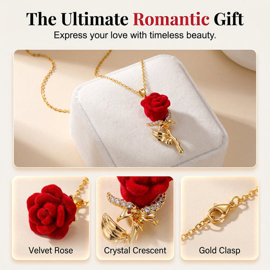 🌹✨ Elegant Red Rose Pendant Necklace – Velvet Bloom, Crystal Accents, Gold-Tone ✨