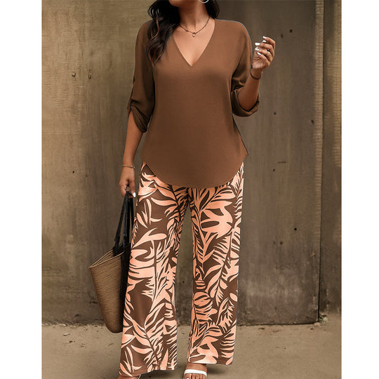 ⏳Time-Limited Special⏰Women's V-Neck Blouse & Printed Wide-Leg Pants Set
